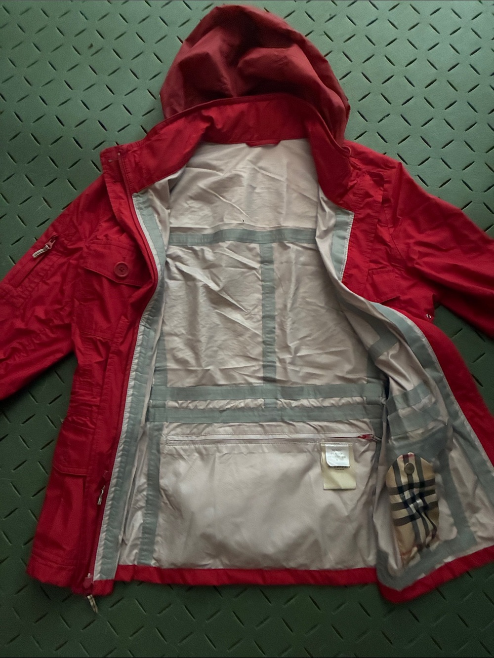 BURBERRY Red Hooded rain jacket zip up button closure hidden hoodie Small S